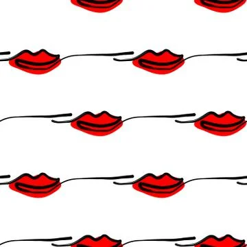 Vector seamless pattern illustration with red lips in abstract line style on Stock Illustration