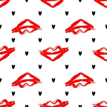 Vector seamless pattern illustration with red lips in abstract line style with Stock Illustration
