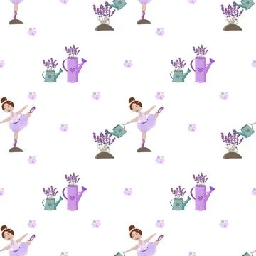 Vector seamless pattern with the image of a ballerina, garden watering cans Stock Illustration