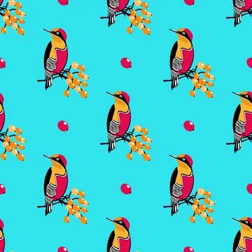 Vector seamless pattern with the image of a beautiful bird on a branch Stock Illustration