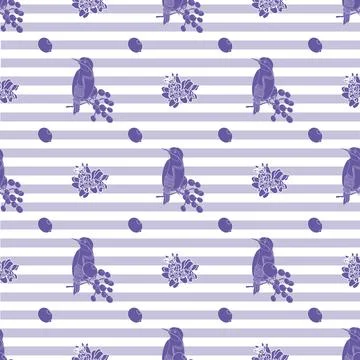 Vector seamless pattern with an image of a bird with berries and flowers Stock Illustration