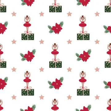 Vector seamless pattern with the image of a Christmas ballerina on a gift Stock Illustration