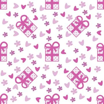 Vector seamless pattern with the image of a gift box of hearts in pink Stock Illustration