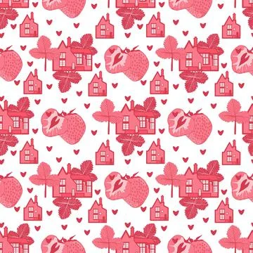 Vector seamless pattern with the image of houses, berries and strawberry leaves Stock Illustration