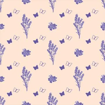 Vector seamless pattern with the image of lavender twigs and flowers Stock Illustration