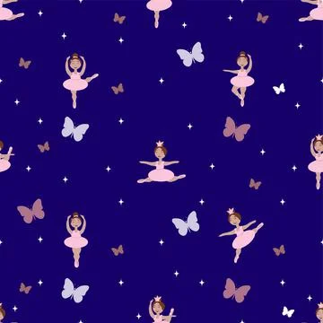 Vector seamless pattern with the image of little ballerinas in different poses Stock Illustration