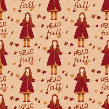 Vector seamless pattern with the image of a little girl with autumn leaves Stock Illustration