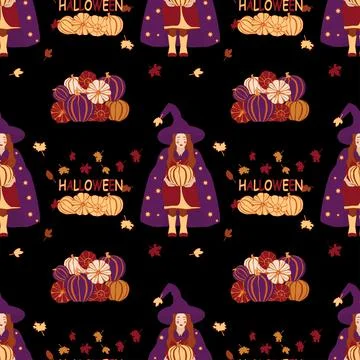 Vector seamless pattern with the image of a little witch in a hat with pumpkins Illustrazione stock