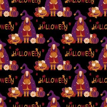 Vector seamless pattern with the image of a little witch with pumpkins Stock Illustration