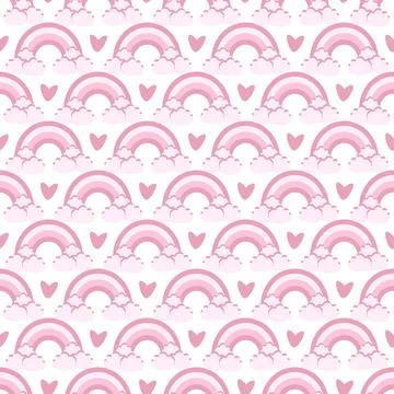 Vector seamless pattern with the image of a rainbow and hearts in pink Stock Illustration