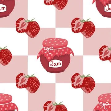 Vector seamless pattern with the image of strawberries and a jar of jam Stock Illustration