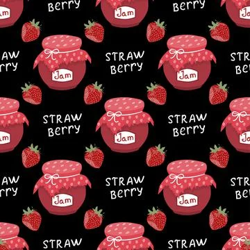 Vector seamless pattern with an image of strawberries, a jar of strawberry jam Stock Illustration