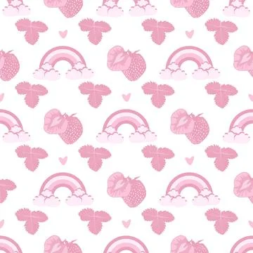 Vector seamless pattern with the image of strawberries and rainbows Stock Illustration