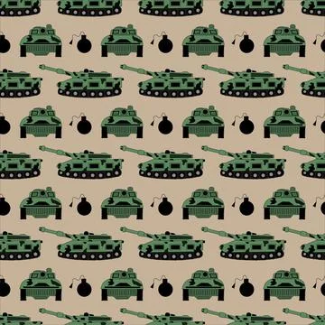 Vector seamless pattern with the image of a tank from different sides and a bomb Stock Illustration