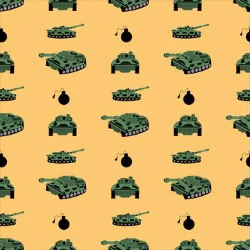 Vector seamless pattern with the image of a tank from different sides and a bomb Stock Illustration