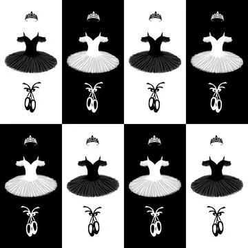 Vector seamless pattern with the image of a tutu, pointe shoes and a crown Stock Illustration