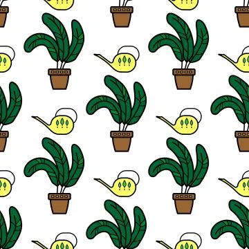 Vector seamless pattern of indoor plants in pots and watering cans; on white  Stock Illustration