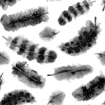 Vector Seamless Pattern with Ink and Watercolor Monochrome Birds Stock Illustration