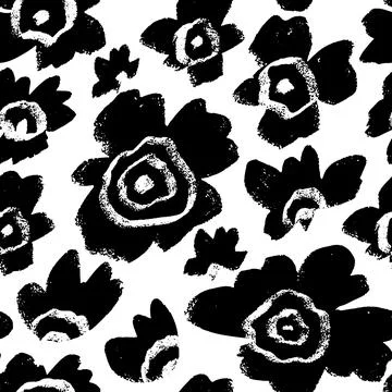 Vector seamless pattern with ink drawing wild flowers, monochrome artistic .. Stock Illustration