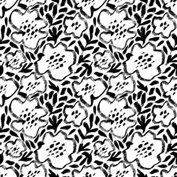 Vector seamless pattern with ink drawing wild flowers, monochrome artistic .. Stock Illustration