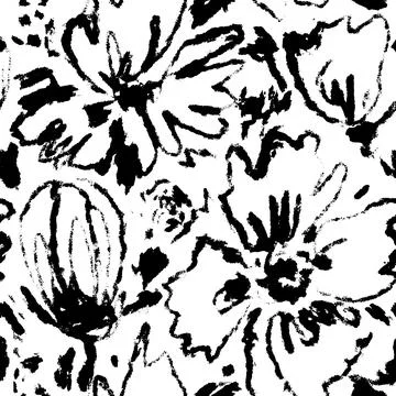 Vector seamless pattern with ink drawing wild flowers, monochrome artistic .. Stock Illustration