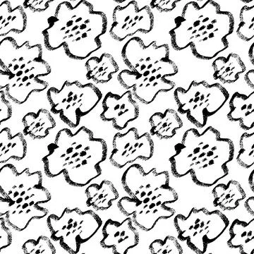 Vector seamless pattern with ink drawing wild flowers, monochrome artistic bo Stock Illustration