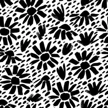Vector seamless pattern with ink drawing wild flowers, monochrome artistic .. Stock Illustration