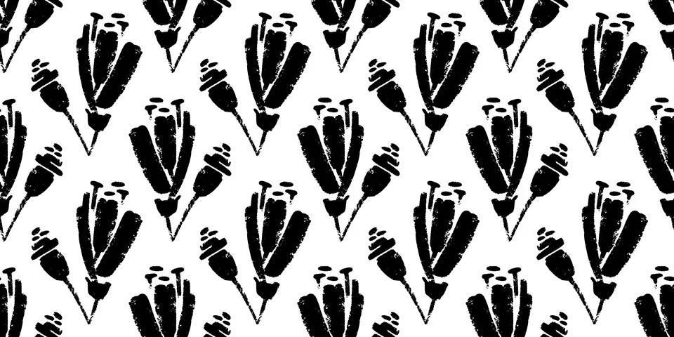 Vector seamless pattern of ink drawing wild plants, herbs and flowers, mono.. Stock Illustration