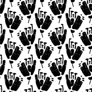 Vector seamless pattern of ink drawing wild plants, herbs and flowers, monoch Stock Illustration