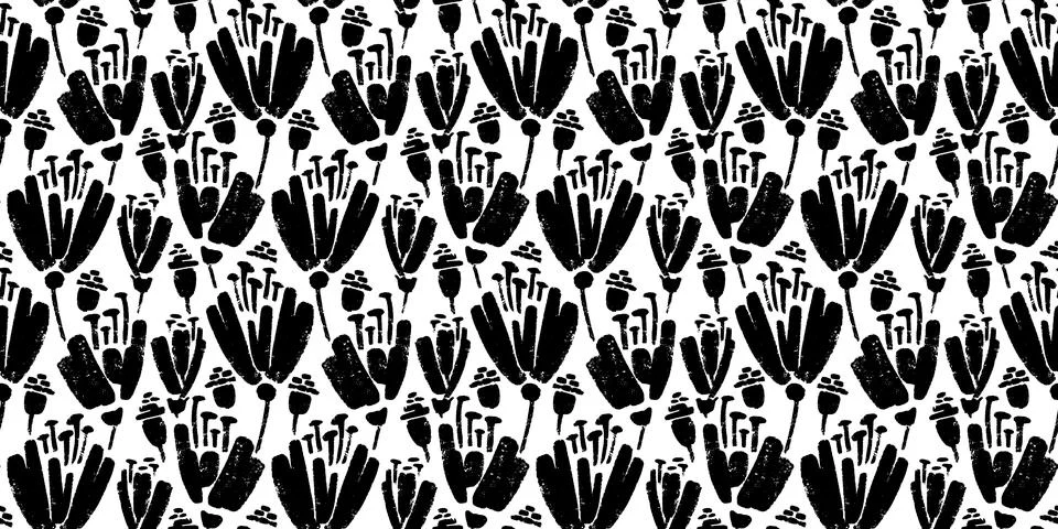 Vector seamless pattern of ink drawing wild plants, herbs and flowers, monoch Stock Illustration