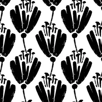 Vector seamless pattern of ink drawing wild plants, herbs and flowers, monoch Stock Illustration