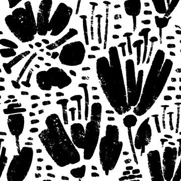 Vector seamless pattern of ink drawing wild plants, herbs and flowers, mono.. Stock Illustration