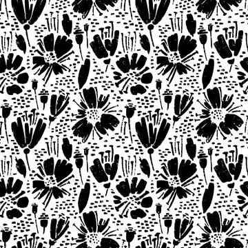 Vector seamless pattern of ink drawing wild plants, herbs and flowers, mono.. Illustrazione stock