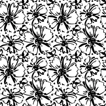 Vector seamless pattern of ink drawing wild plants, herbs and flowers, monoch Stock Illustration