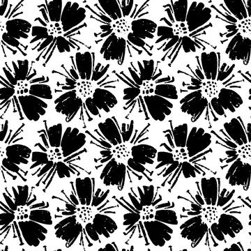Vector seamless pattern of ink drawing wild plants, herbs and flowers, monoch Stock Illustration