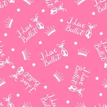 Vector seamless pattern with the inscription I love ballet, pointe shoes, cro Stock Illustration