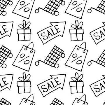 Vector seamless pattern with inscriptions and symbols Sale. Hand drawn backgr Stock Illustration