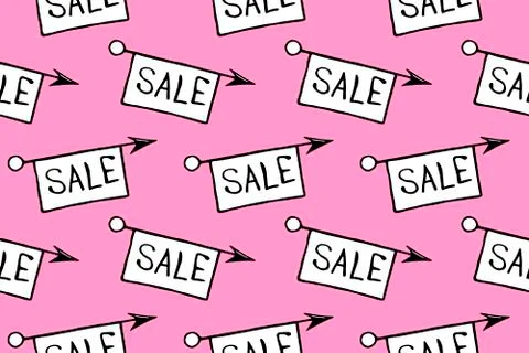 Vector seamless pattern with inscriptions and symbols Sale. Hand drawn backgr Stock Illustration