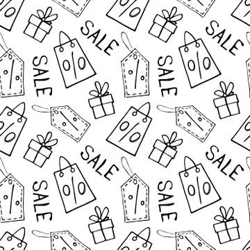 Vector seamless pattern with inscriptions and symbols Sale. Hand drawn backgr Stock Illustration