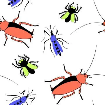 Vector seamless pattern of insect pests - oriental cockroaches, flies, mosqui Stock Illustration