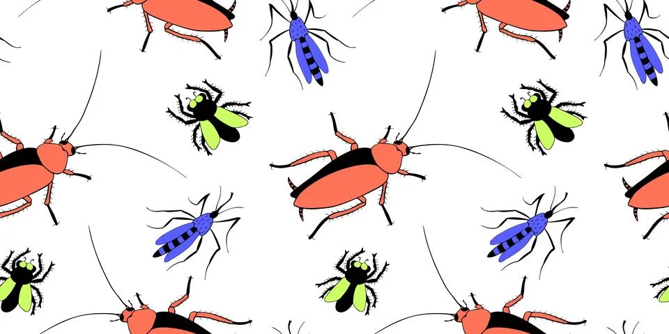 Vector seamless pattern of insect pests - oriental cockroaches, flies, mosq.. Illustrazione stock