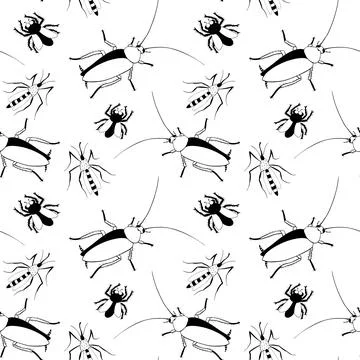 Vector seamless pattern of insect pests - oriental cockroaches, flies, mosqui Stock Illustration