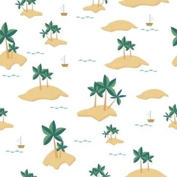 Vector seamless pattern with islands sea and palm trees in warm colors Stock Illustration