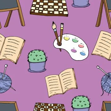 Vector seamless pattern, items for creativity on a purple background Stock Illustration
