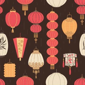 Vector seamless pattern of Japanese or Chinese various lanterns, design for Stock Illustration