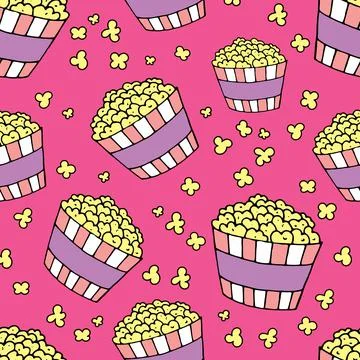 Vector seamless pattern, jars of popcorn on a pink background Stock Illustration