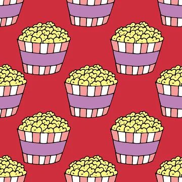 Vector seamless pattern, jars of popcorn on a red background Stock Illustration
