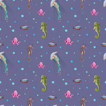 Vector seamless pattern of jellyfish, seahorses and little octopuses on a pal Stock Illustration
