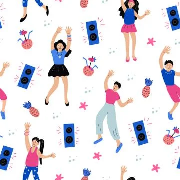 Vector seamless pattern with joyful dancing people. Illustrazione stock