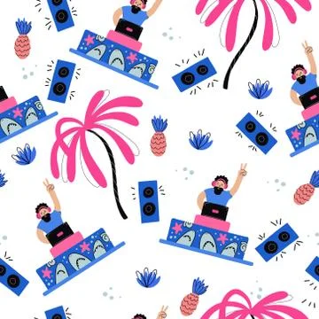 Vector seamless pattern with joyful dj, palm trees and musical equipment. Illustrazione stock